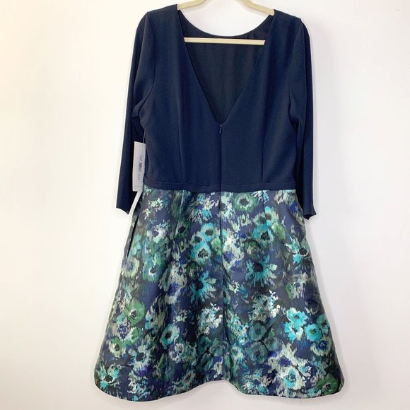 NWT THEIA COUTURE Blue Floral Silk Tea Length Gown Sz 16 - Picture 3 of 11